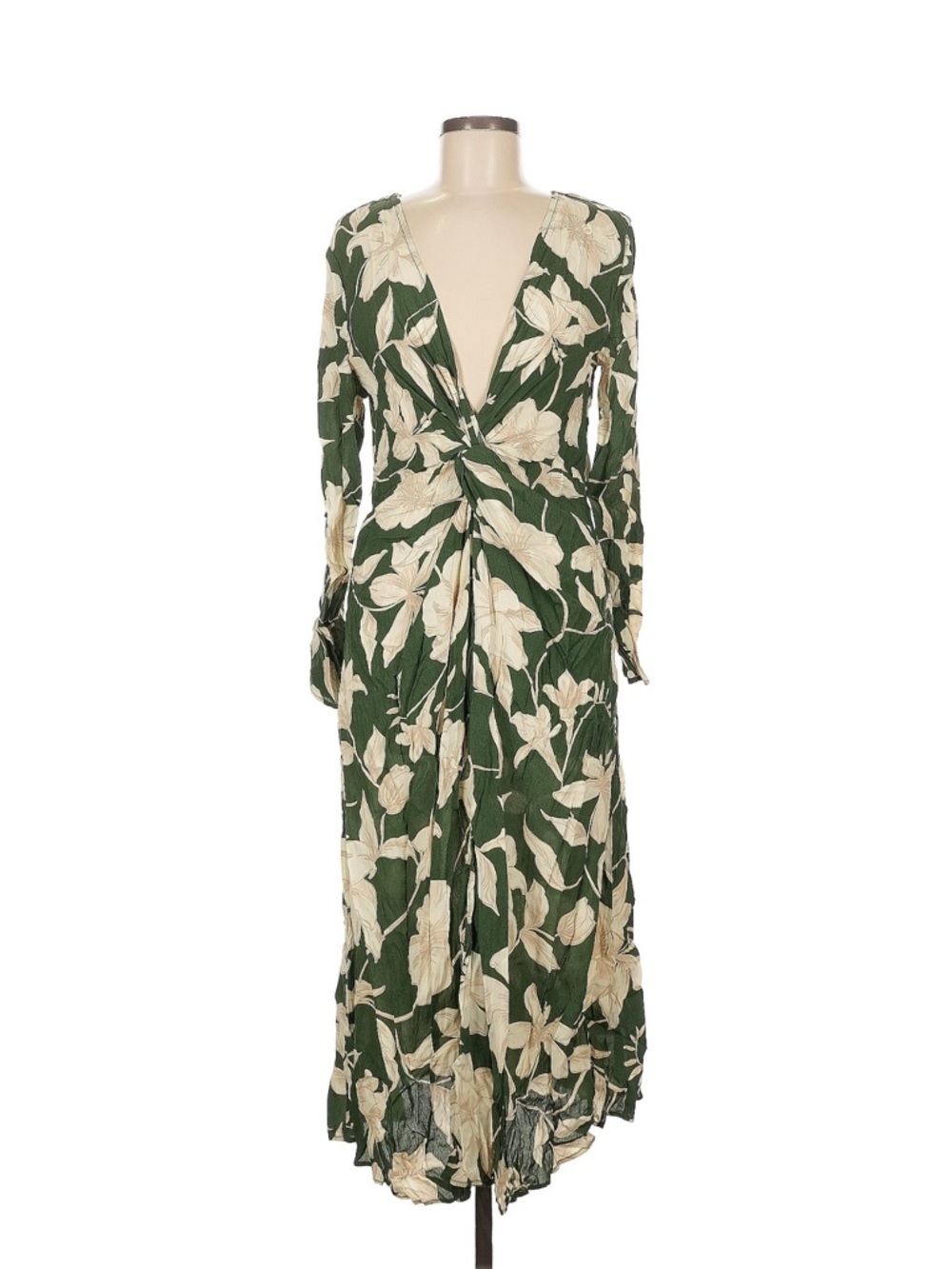 Mango Green and Cream Floral Twist-Front Long Sleeve Maxi Dress
